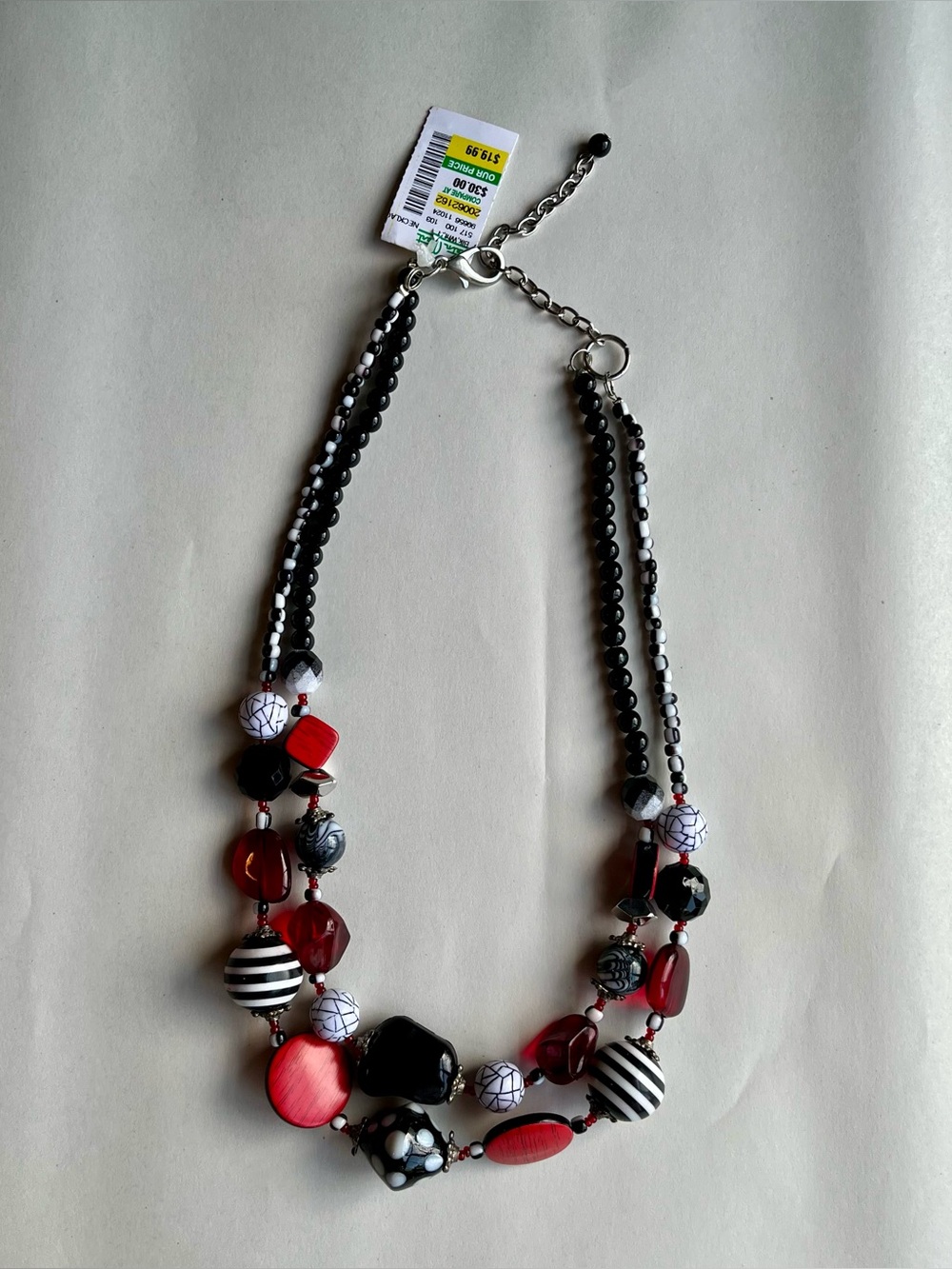 Vintage Mixed Materials Red Black White Double Strand Beaded Statement Necklace